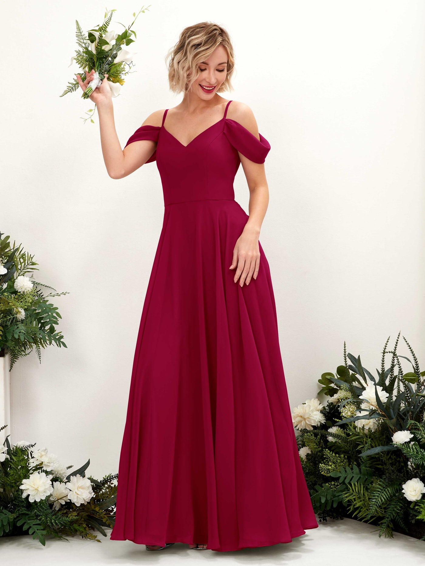 Off Shoulder Straps V-neck Sleeveless Chiffon Bridesmaid Dress - Jester Red (81224941)#color_jester-red
