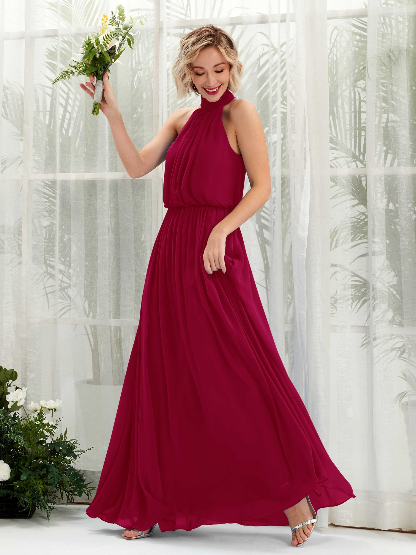 Halter Sleeveless Chiffon Bridesmaid Dress - Jester Red (81222941)#color_jester-red