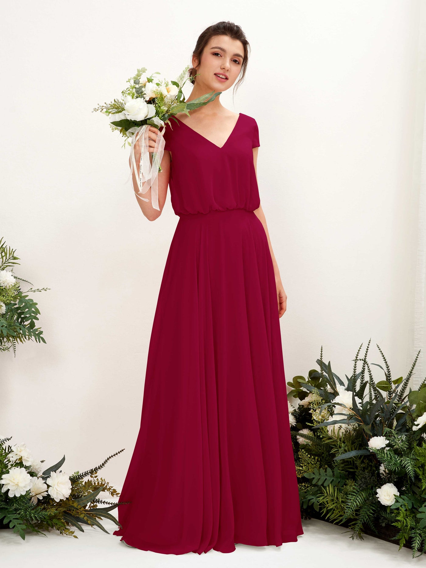 V-neck Cap Sleeves Chiffon Bridesmaid Dress - Jester Red (81221841)#color_jester-red