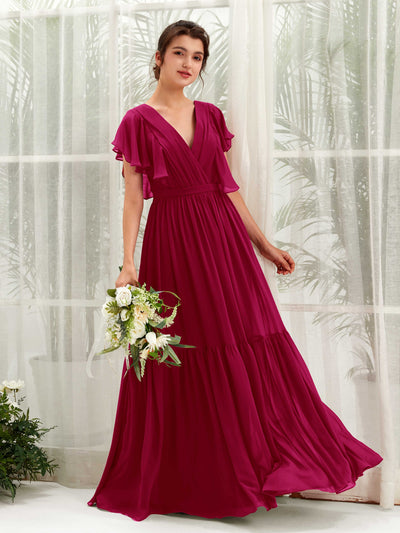Carlyna Chaya A-Line Jester Red Bridesmaid Dress Maxi Cap Sleeve V-Neck Dress Front View #color_jester-red