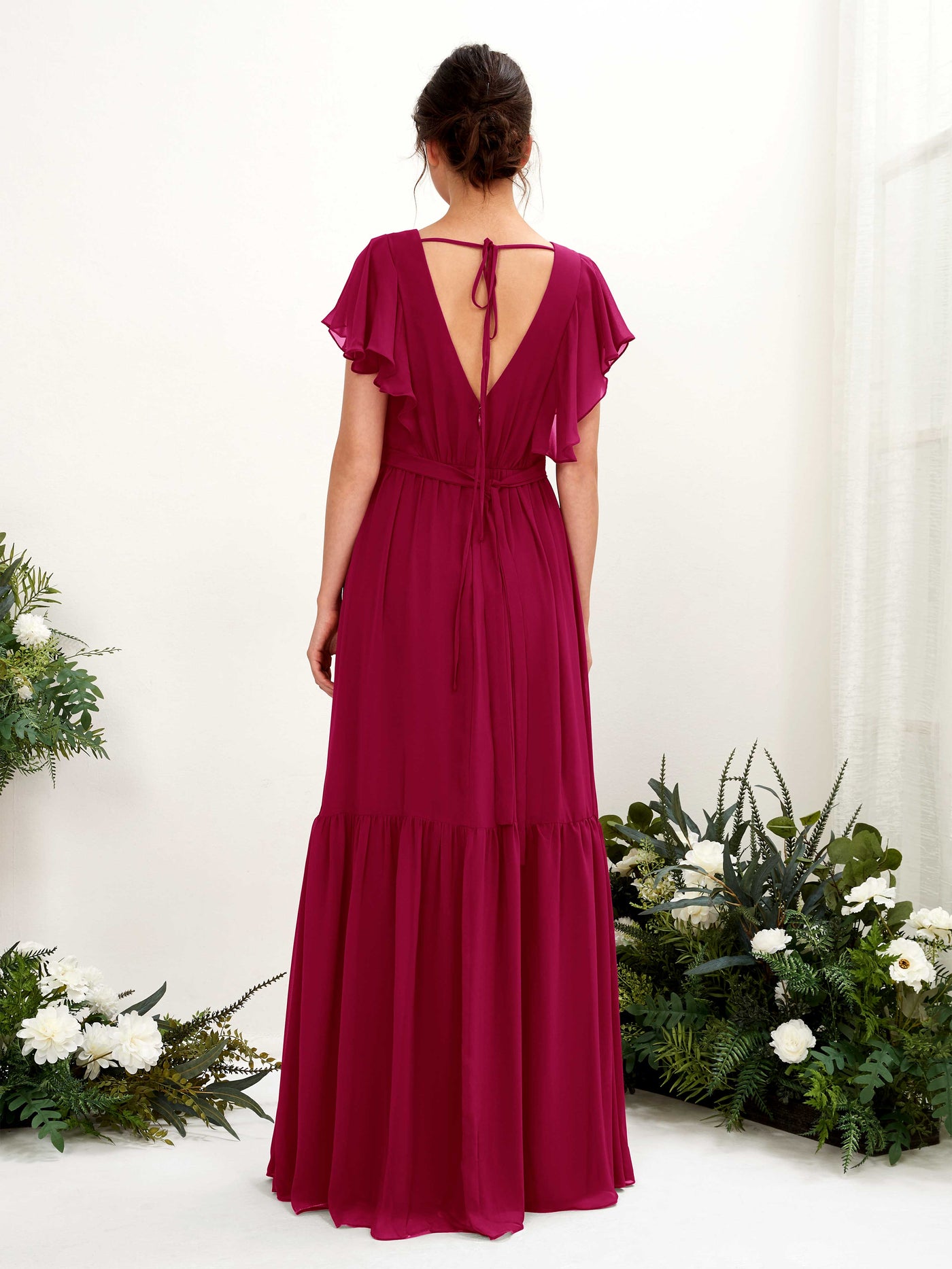 V-neck Cap Sleeves Chiffon Bridesmaid Dress - Jester Red (81225941)#color_jester-red