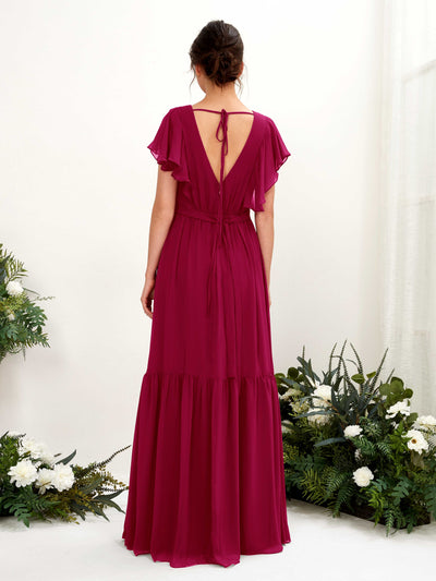 Carlyna Chaya A-Line Jester Red Bridesmaid Dress Maxi Cap Sleeve V-Neck Dress Back View #color_jester-red