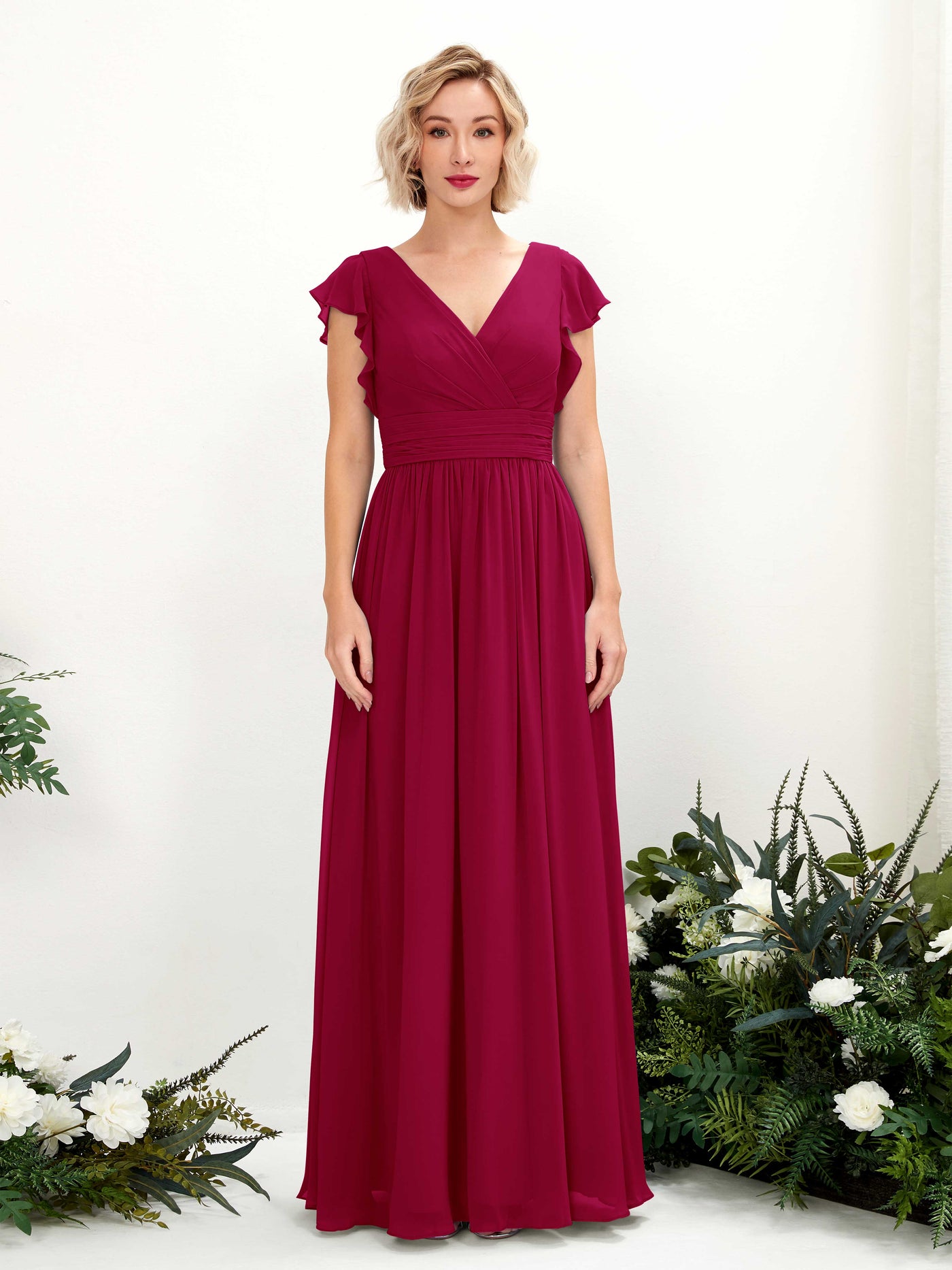 V-neck Short Sleeves Chiffon Bridesmaid Dress - Jester Red (81222741)#color_jester-red