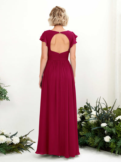 Carlyna Grino A-Line Jester Red Bridesmaid Dress Maxi Cap Sleeve V-Neck Dress Back View #color_jester-red
