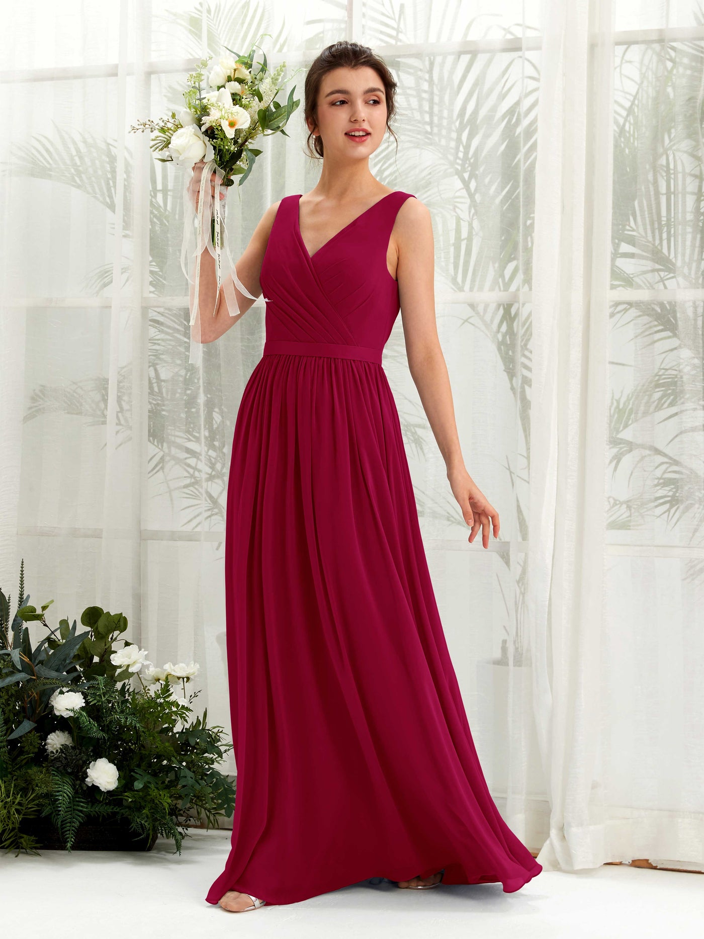 V-neck Sleeveless Chiffon Bridesmaid Dress - Jester Red (81223641)#color_jester-red