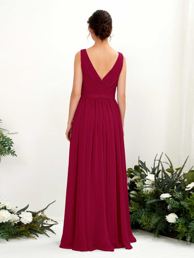 Carlyna Barbara A-Line Jester Red Bridesmaid Dress Maxi Sleeveless V-Neck Dress Back View #color_jester-red