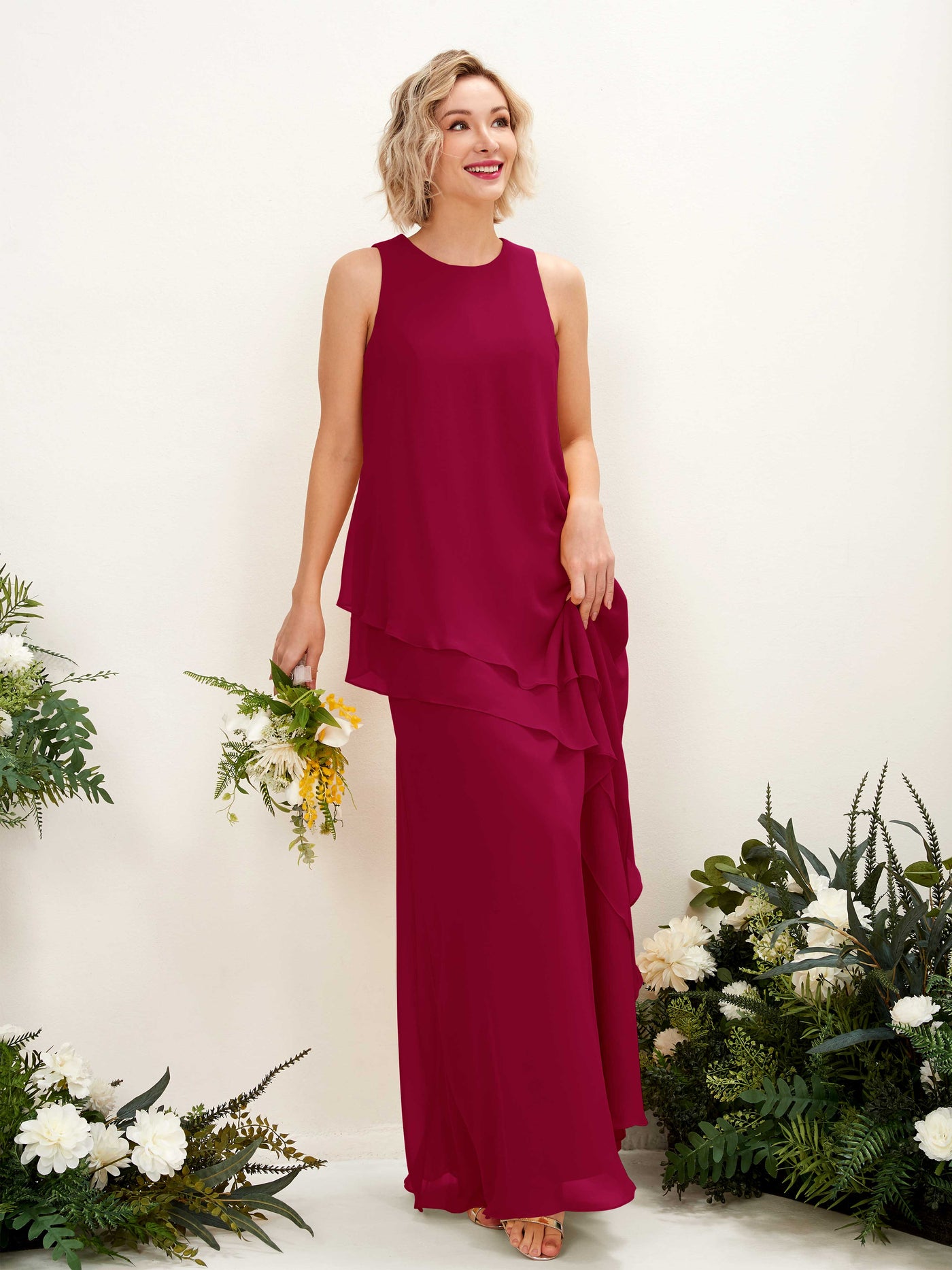 Round Sleeveless Chiffon Bridesmaid Dress - Jester Red (81222341)#color_jester-red