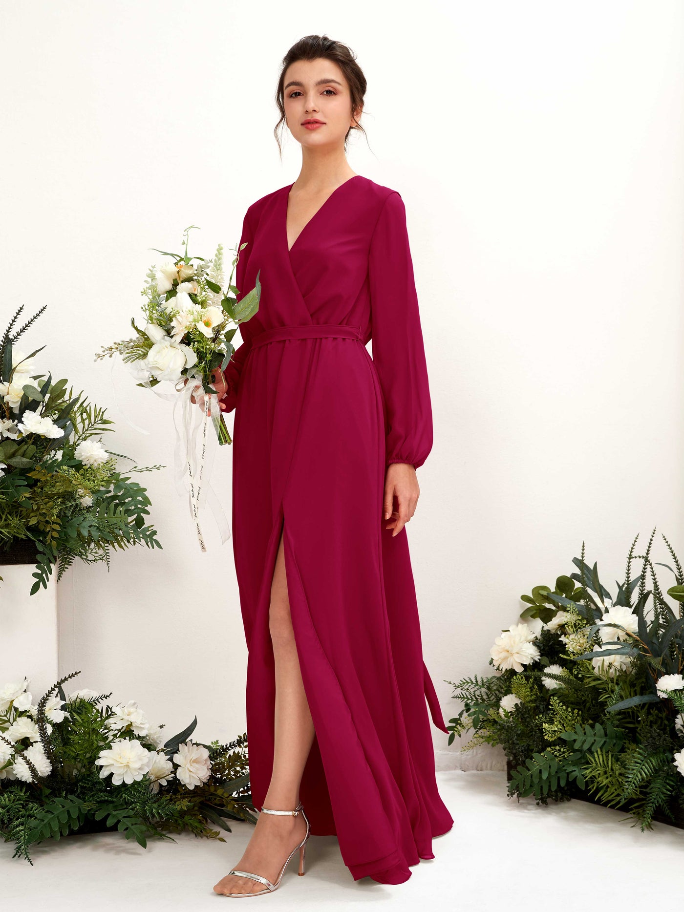 V-neck Long Sleeves Chiffon Bridesmaid Dress - Jester Red (81223241)#color_jester-red