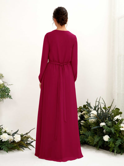 Carlyna Elsie A-Line Jester Red Bridesmaid Dress Maxi Long Sleeve V-Neck Back View #color_jester-red