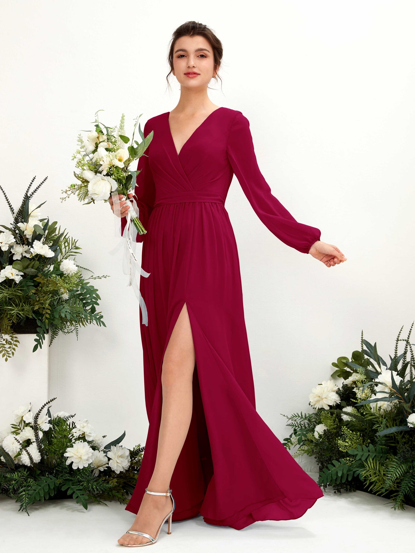 V-neck Long Sleeves Chiffon Bridesmaid Dress - Jester Red (81223841)#color_jester-red