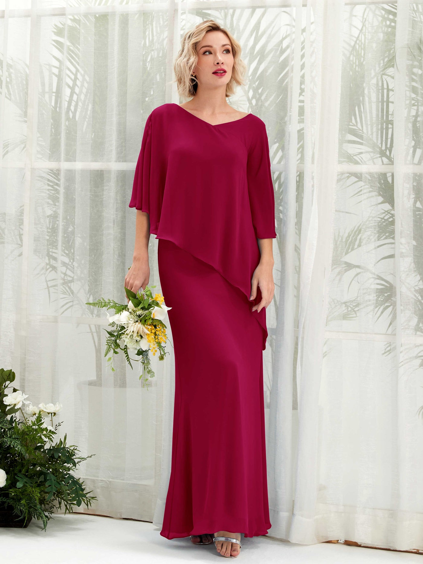 V-neck 3/4 Sleeves Chiffon Bridesmaid Dress - Jester Red (81222541)#color_jester-red