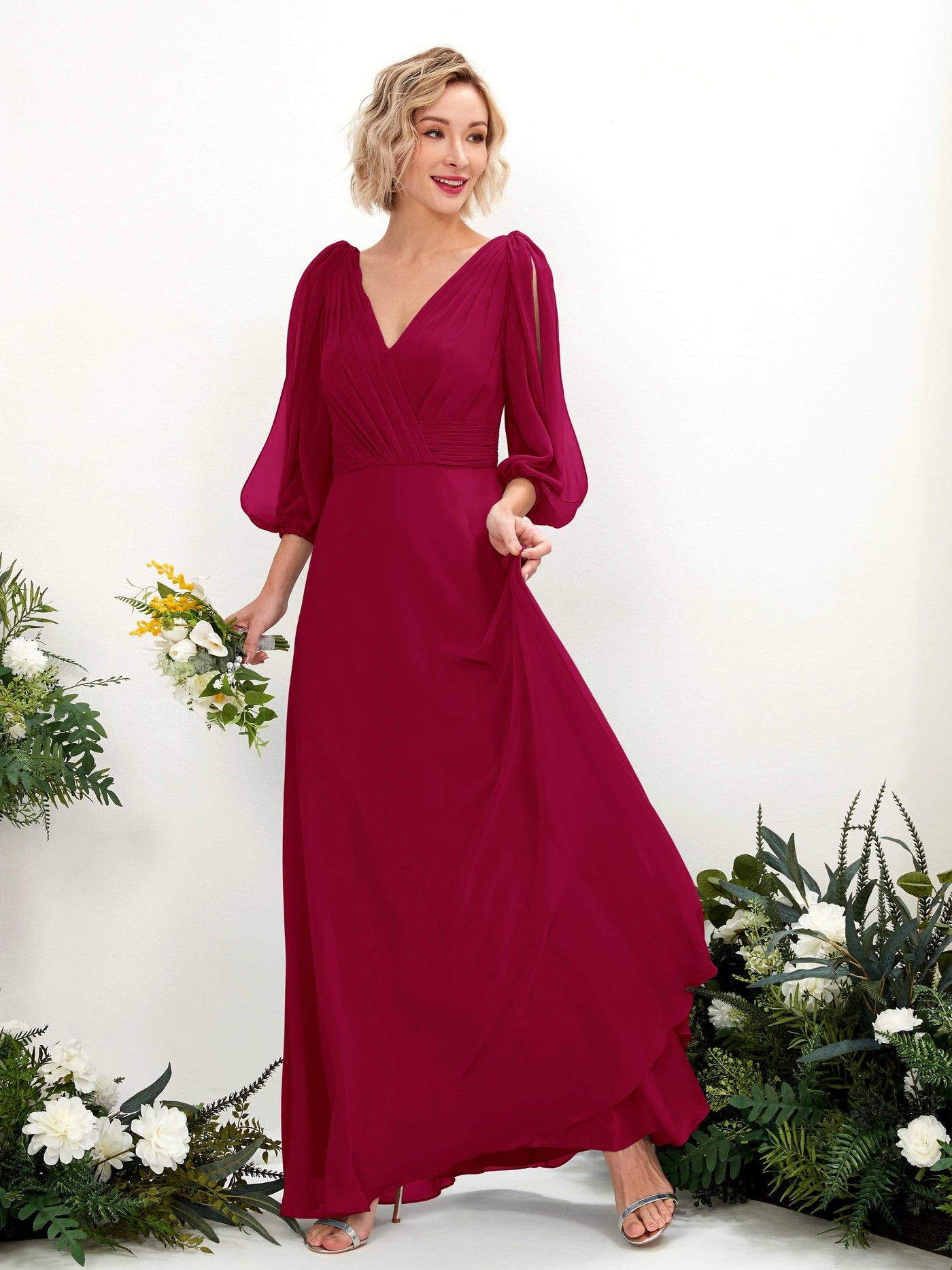 V-neck 3/4 Sleeves Chiffon Bridesmaid Dress - Jester Red (81223541)#color_jester-red