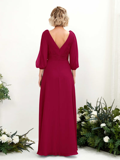 Carlyna Antonia A-Line Jester Red Bridesmaid Dress Maxi Three Quarter Sleeve V-Neck Dress Back View #color_jester-red