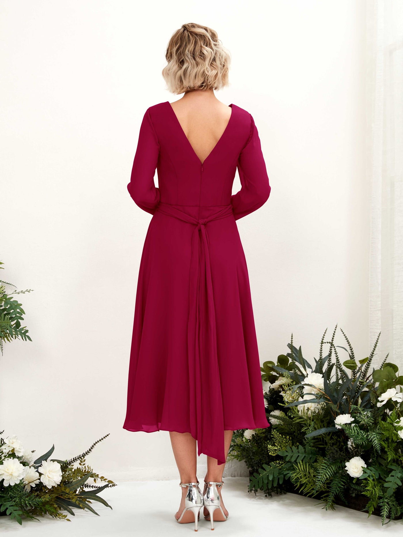 V-neck Long Sleeves Chiffon Bridesmaid Dress - Jester Red (81223341)#color_jester-red