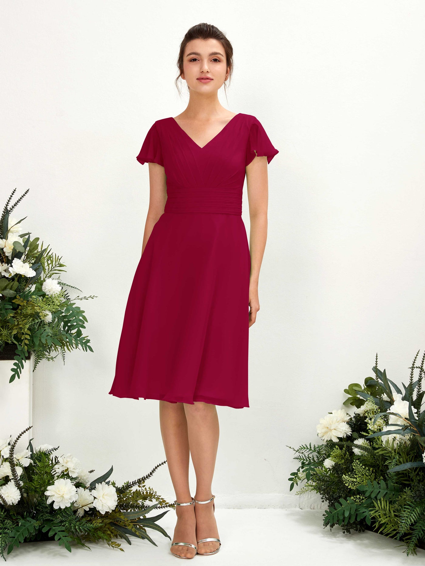 V-neck Short Sleeves Chiffon Bridesmaid Dress - Jester Red (81220241)#color_jester-red