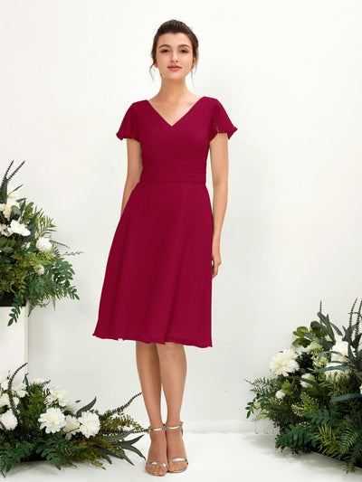 Carlyna Betty A-Line Jester Red Bridesmaid Dress Knee-Length Short Sleeve V-Neck Dress Front View #color_jester-red