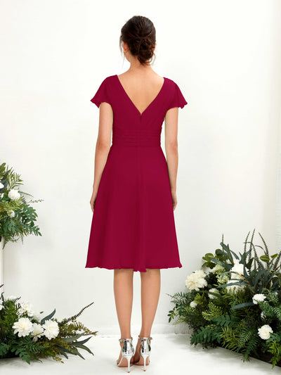 Carlyna Betty A-Line Jester Red Bridesmaid Dress Knee-Length Short Sleeve V-Neck Dress Back View #color_jester-red