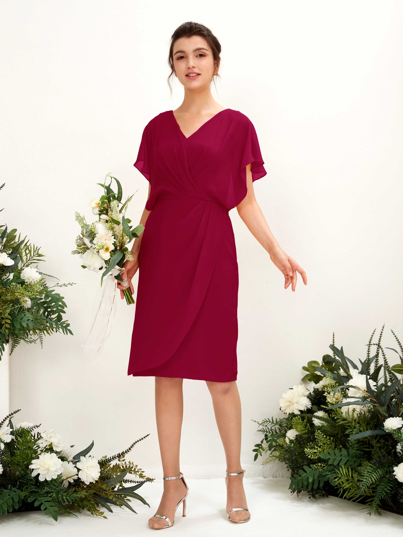 V-neck Short Sleeves Chiffon Bridesmaid Dress - Jester Red (81222241)#color_jester-red