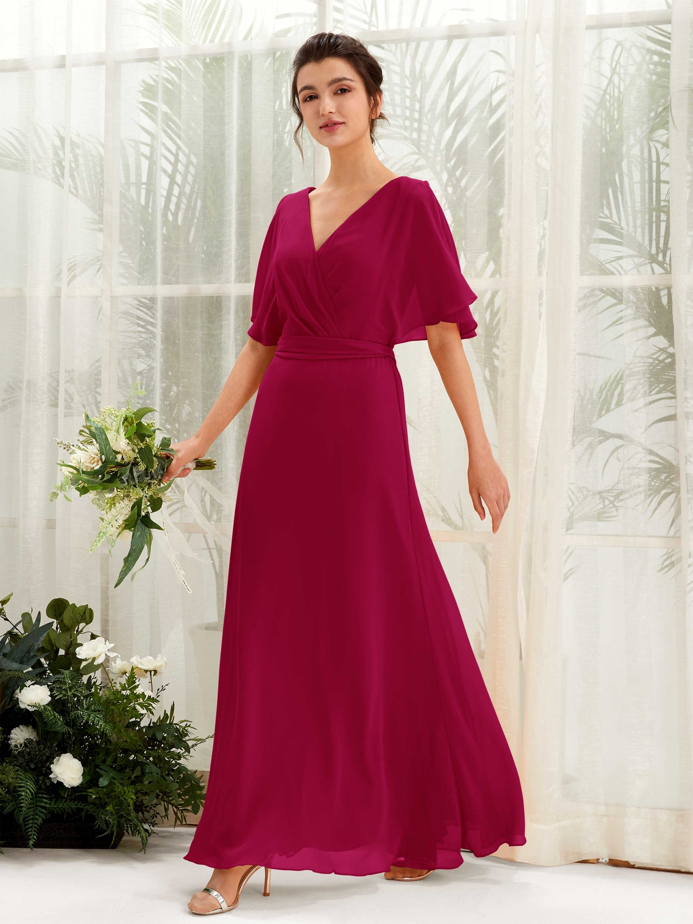 V-neck Short Sleeves Chiffon Bridesmaid Dress - Jester Red (81222441)#color_jester-red