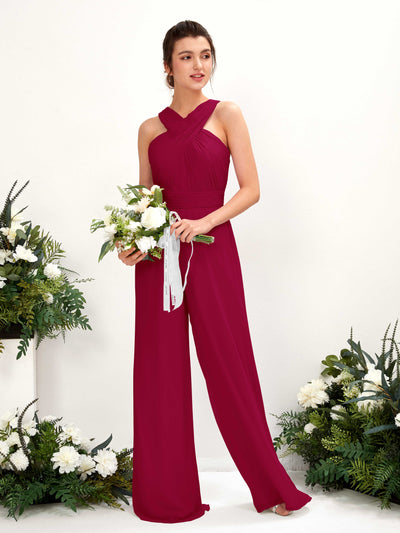 Carlyna Hilona Jumpsuit Jester Red Bridesmaid Dress Maxi Sleeveless V-Neck Dress Front View #color_jester-red