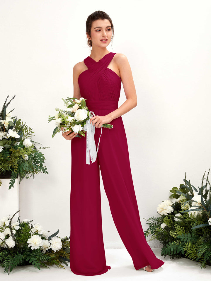 V-neck Sleeveless Chiffon Bridesmaid Dress Wide-Leg Jumpsuit - Jester Red (81220741)