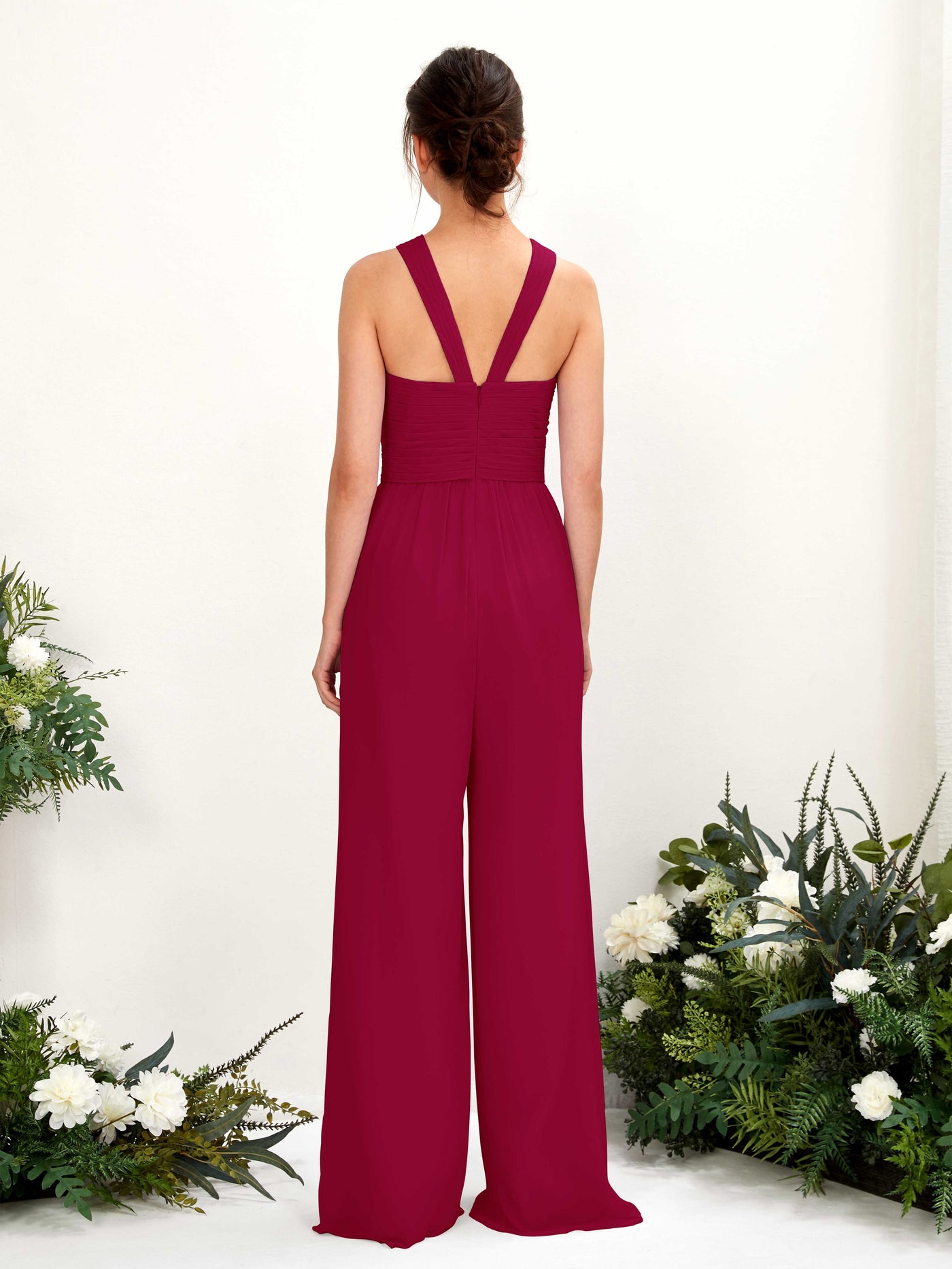 V-neck Sleeveless Chiffon Bridesmaid Dress Wide-Leg Jumpsuit - Jester Red (81220741)#color_jester-red