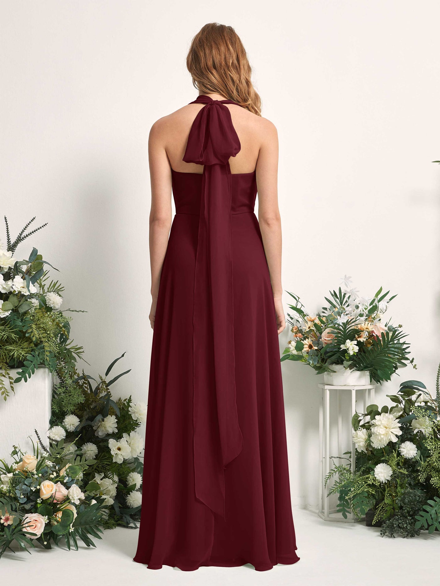 Bridesmaid Dress A-line Chiffon Halter Full Length Short Sleeves Wedding Party Dress - Burgundy (81226312)#color_burgundy