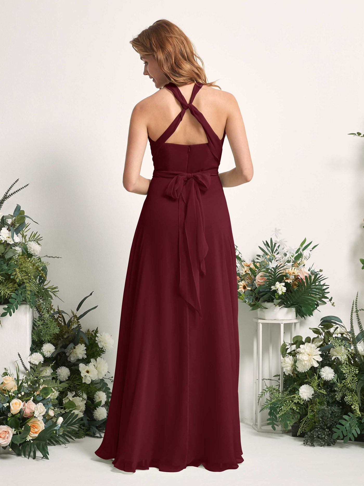Bridesmaid Dress A-line Chiffon Halter Full Length Short Sleeves Wedding Party Dress - Burgundy (81226312)#color_burgundy