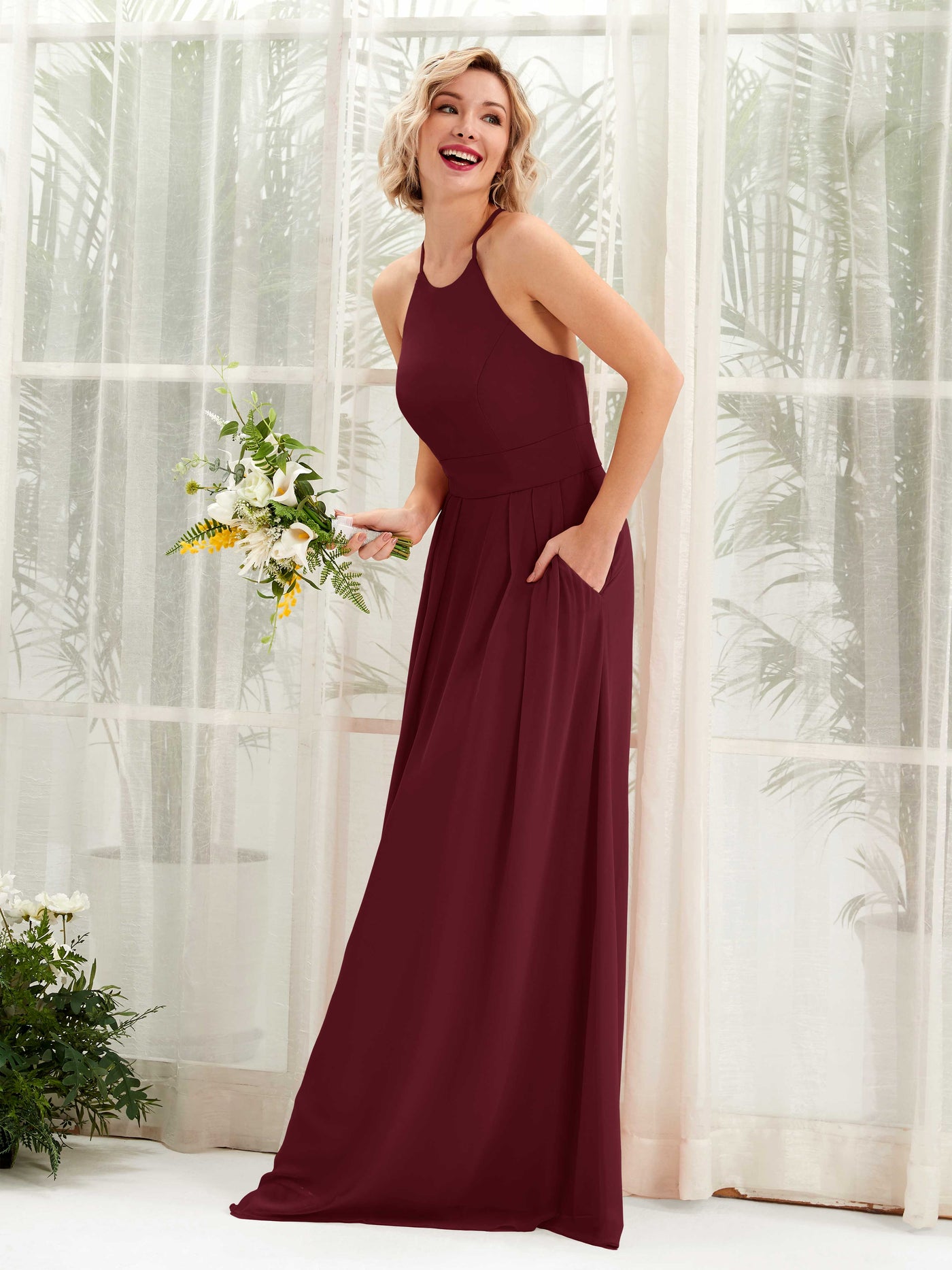 A-line Ball Gown Halter Spaghetti-straps Sleeveless Bridesmaid Dress - Burgundy (81225212)#color_burgundy