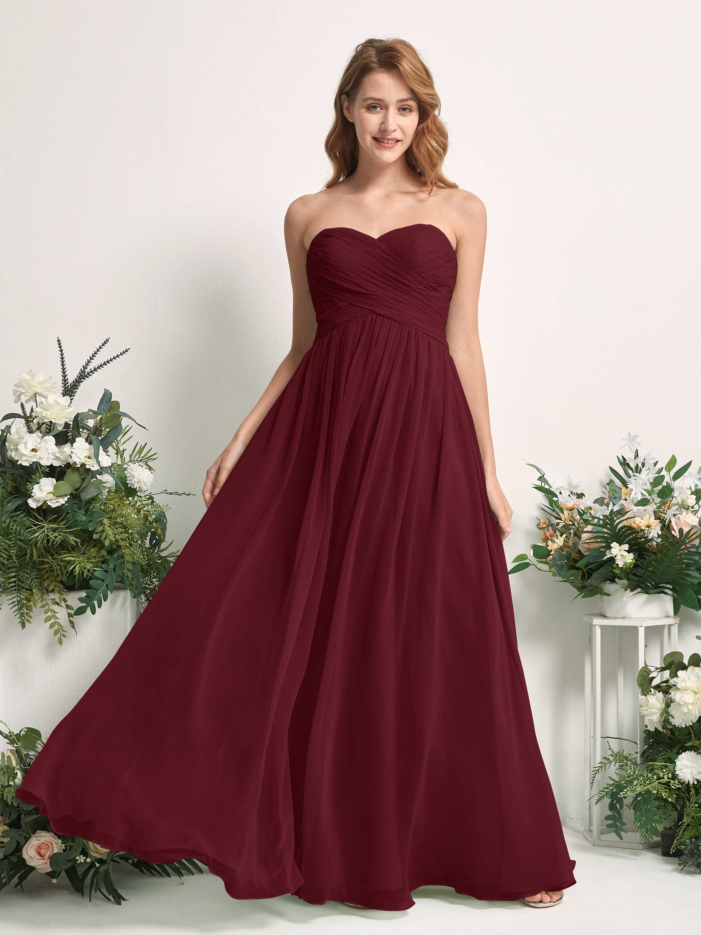 Bridesmaid Dress A-line Chiffon Sweetheart Full Length Sleeveless Wedding Party Dress - Burgundy (81226912)#color_burgundy