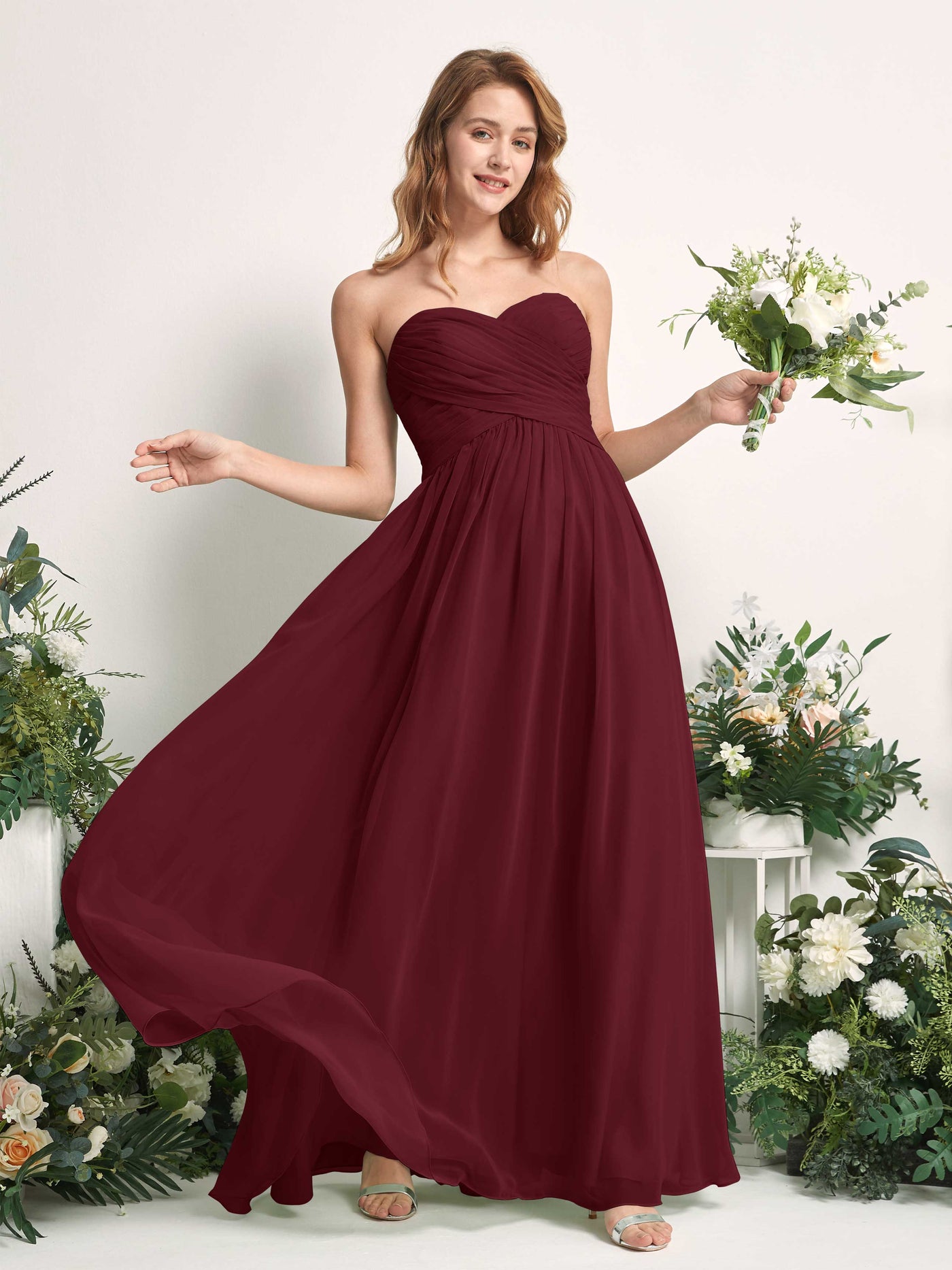 Bridesmaid Dress A-line Chiffon Sweetheart Full Length Sleeveless Wedding Party Dress - Burgundy (81226912)#color_burgundy
