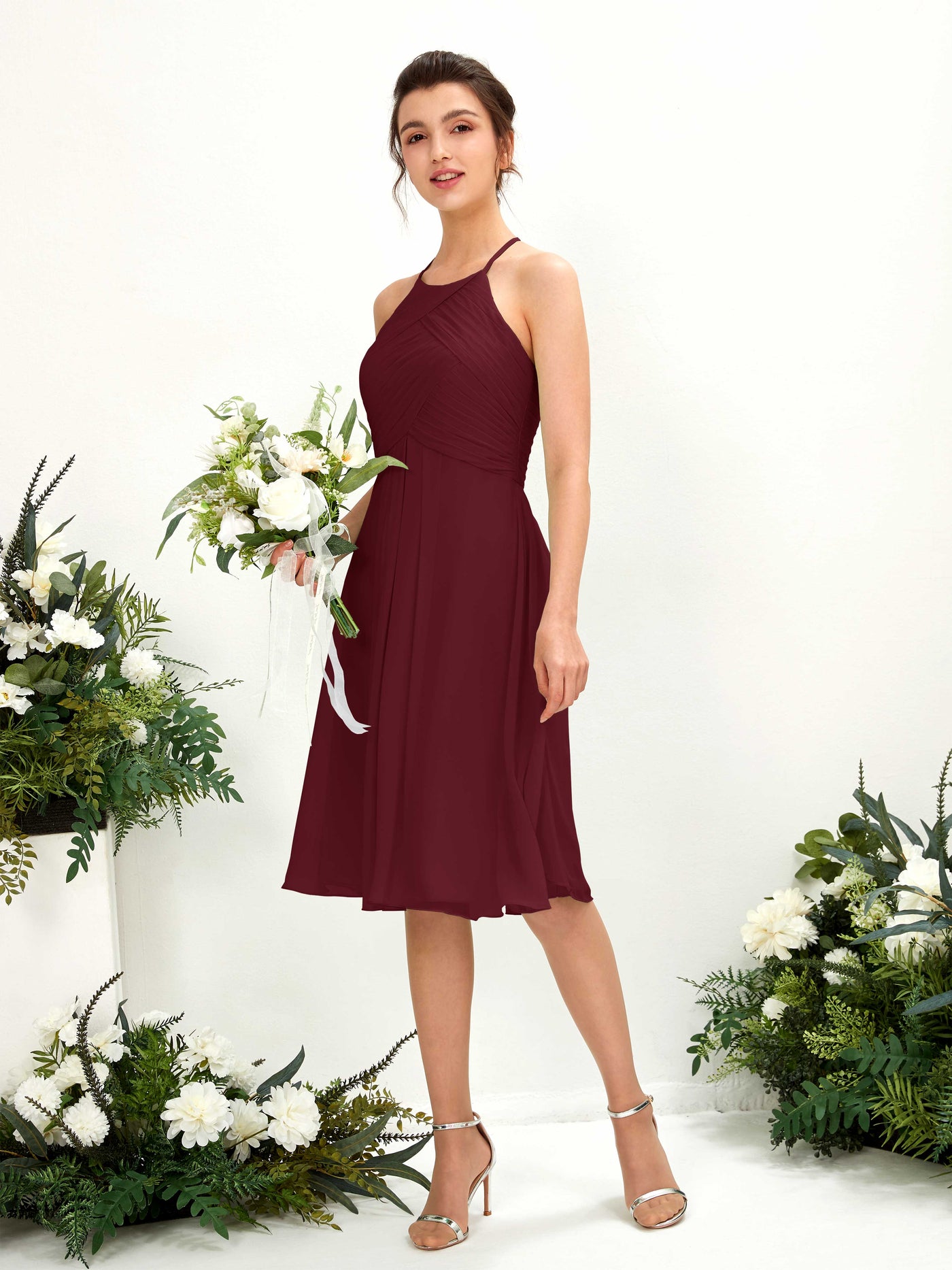 A-line Halter Sleeveless Chiffon Bridesmaid Dress - Burgundy (81220412)#color_burgundy