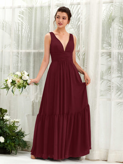Carlyna Alissa A-Line Burgundy Bridesmaid Dress Maxi Sleeveless V-Neck Dress Front View #color_burgundy