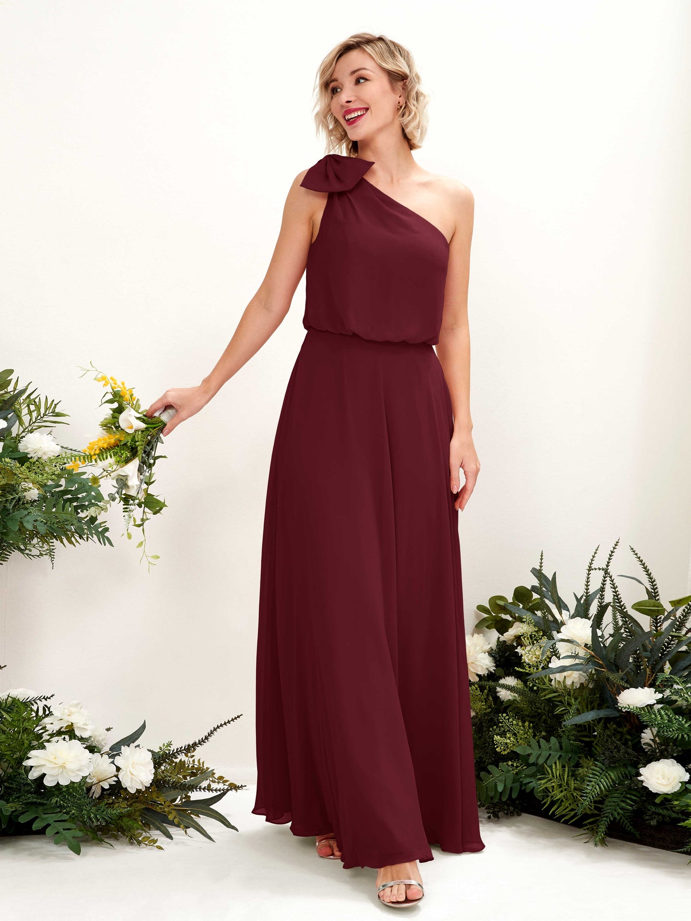 A-line One Shoulder Sleeveless Chiffon Bridesmaid Dress - Burgundy (81225512)#color_burgundy