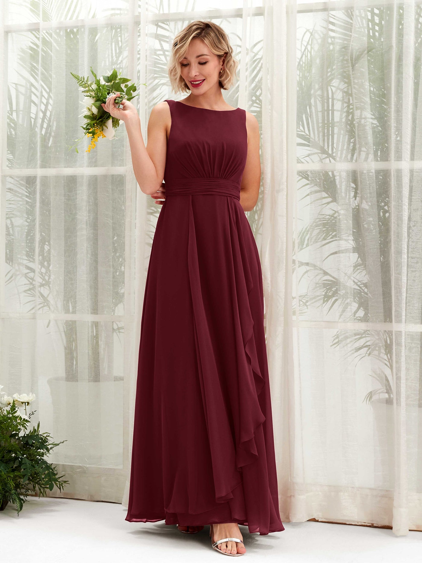 A-line Bateau Sleeveless Chiffon Bridesmaid Dress - Burgundy (81225812)#color_burgundy