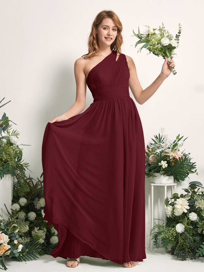 Carlyna Evelyn A-Line Burgundy Bridesmaid Dress Maxi Sleeveless One Shoulder Dress Front View #color_burgundy