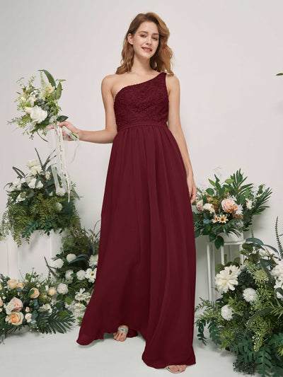 Carlyna Bonita A-Line Burgundy Embroidered Bridesmaid Dress Maxi Sleeveless One Shoulder Dress Side View 2 #color_burgundy