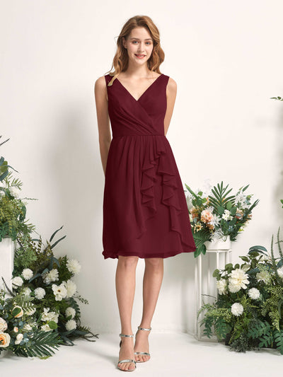 Carlyna Alisha A-Line Burgundy Bridesmaid Dress Knee-Length Sleeveless V-Neck Dress Front View #color_burgundy