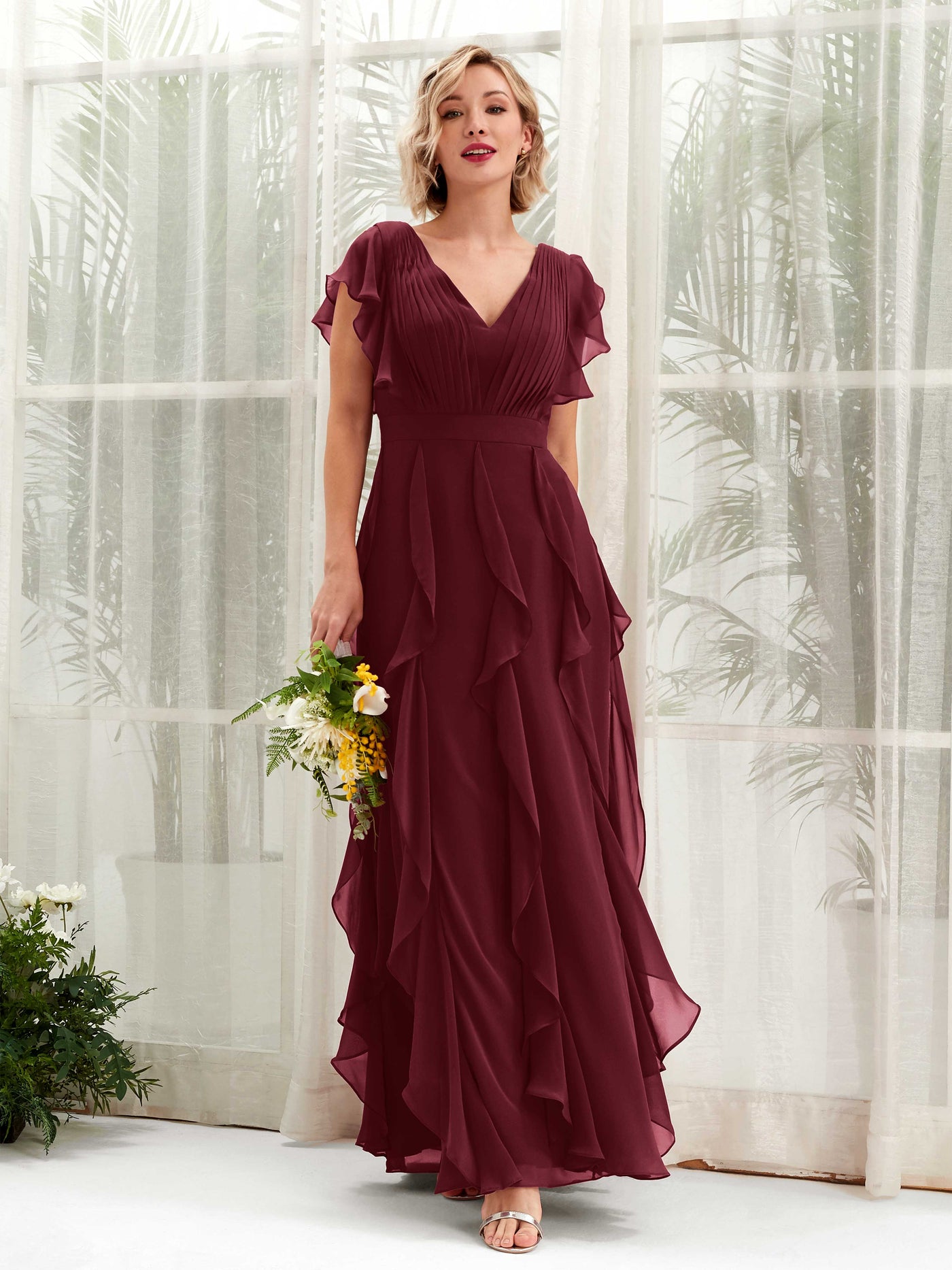 A-line V-neck Short Sleeves Chiffon Bridesmaid Dress - Burgundy (81226012)#color_burgundy