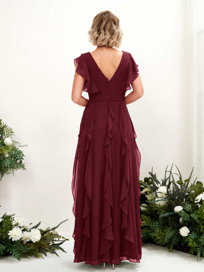 Carlyna Cynthia A-Line Burgundy Bridesmaid Dress Maxi Cap Sleeve V-Neck Dress Back View #color_burgundy