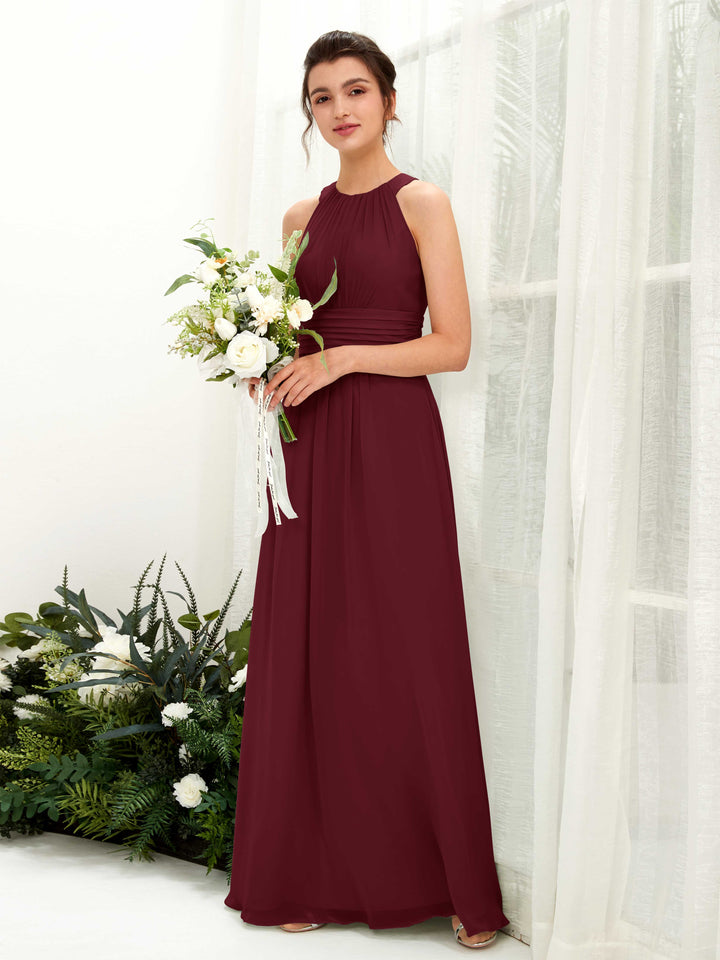 A-line Round Sleeveless Chiffon Bridesmaid Dress - Burgundy (81221512)