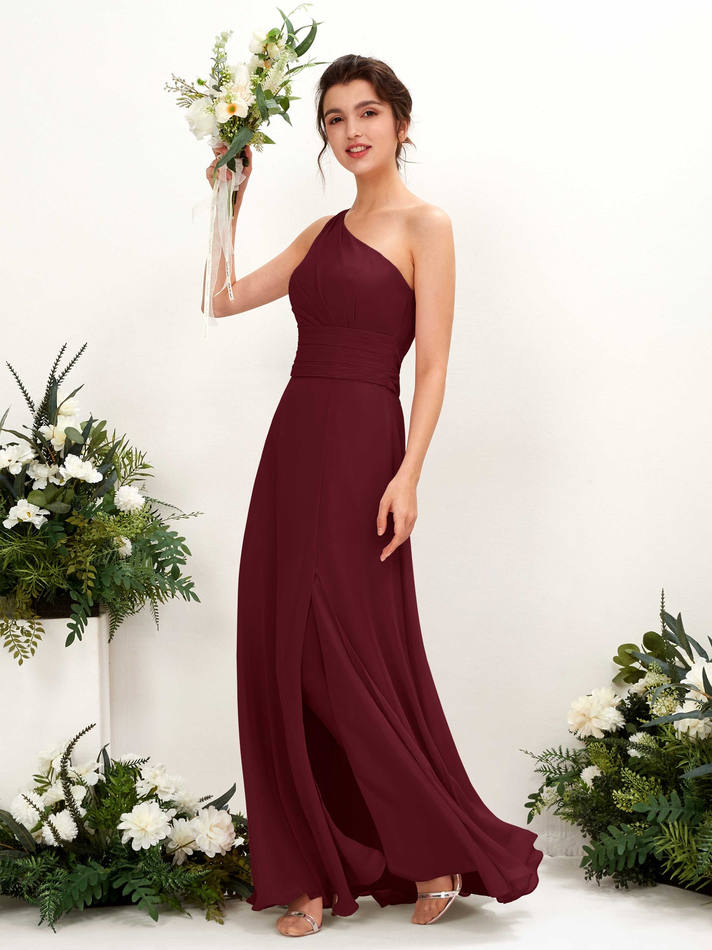 A-line One Shoulder Sleeveless Bridesmaid Dress - Burgundy (81224712)#color_burgundy