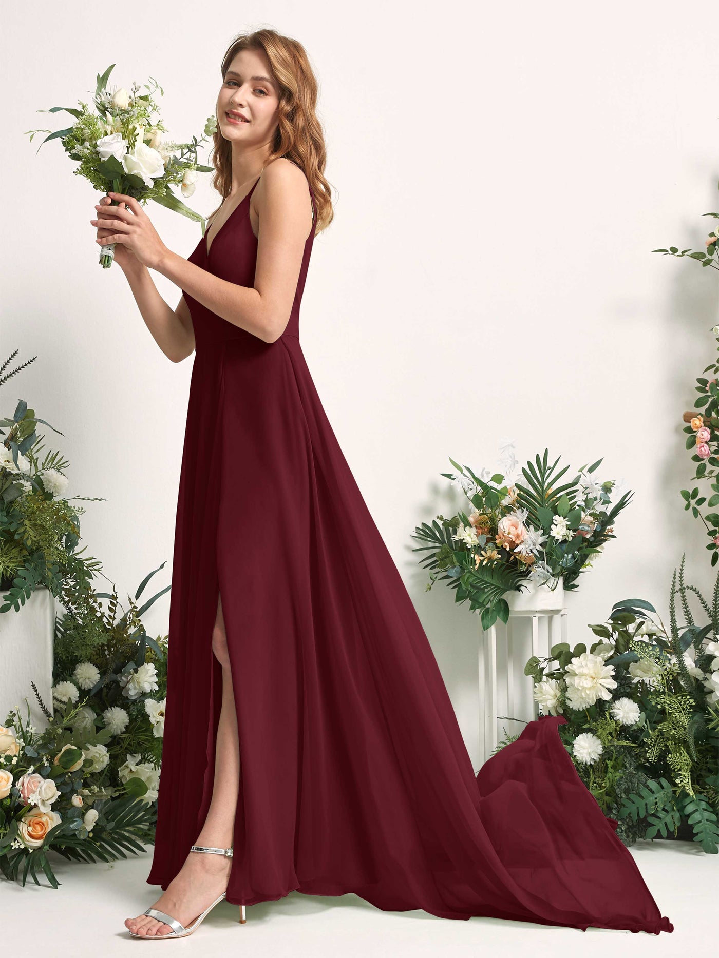 Bridesmaid Dress A-line Chiffon Spaghetti-straps Full Length Sleeveless Wedding Party Dress - Burgundy (81227712)#color_burgundy
