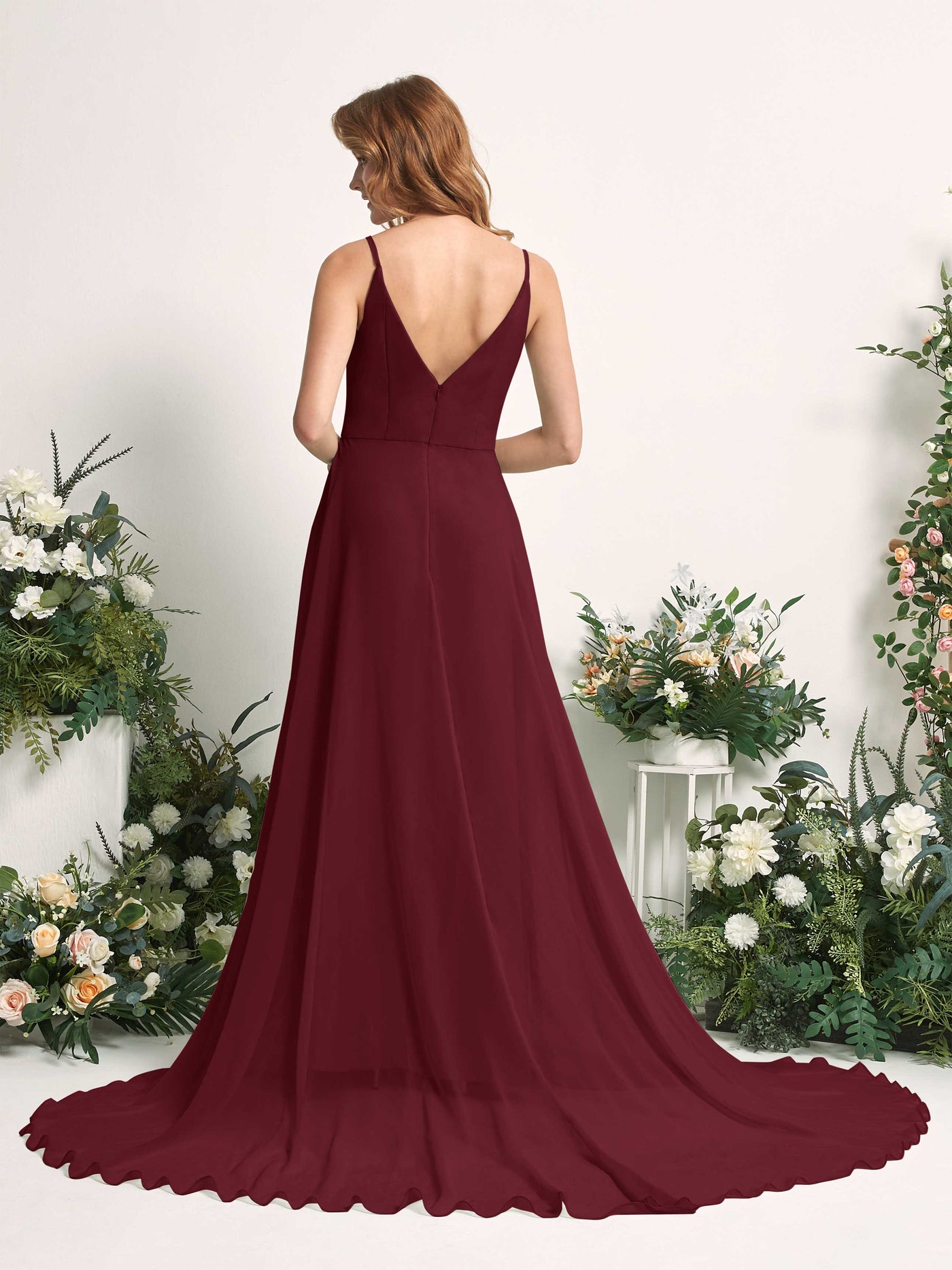 Bridesmaid Dress A-line Chiffon Spaghetti-straps Full Length Sleeveless Wedding Party Dress - Burgundy (81227712)#color_burgundy