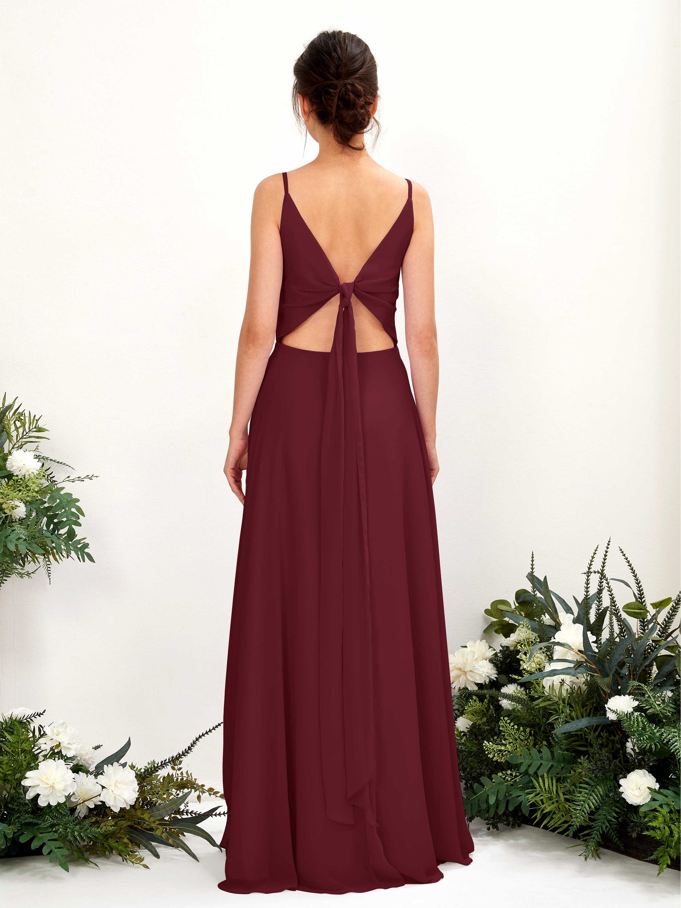A-line Spaghetti-straps V-neck Sleeveless Chiffon Bridesmaid Dress - Burgundy (81220612)#color_burgundy