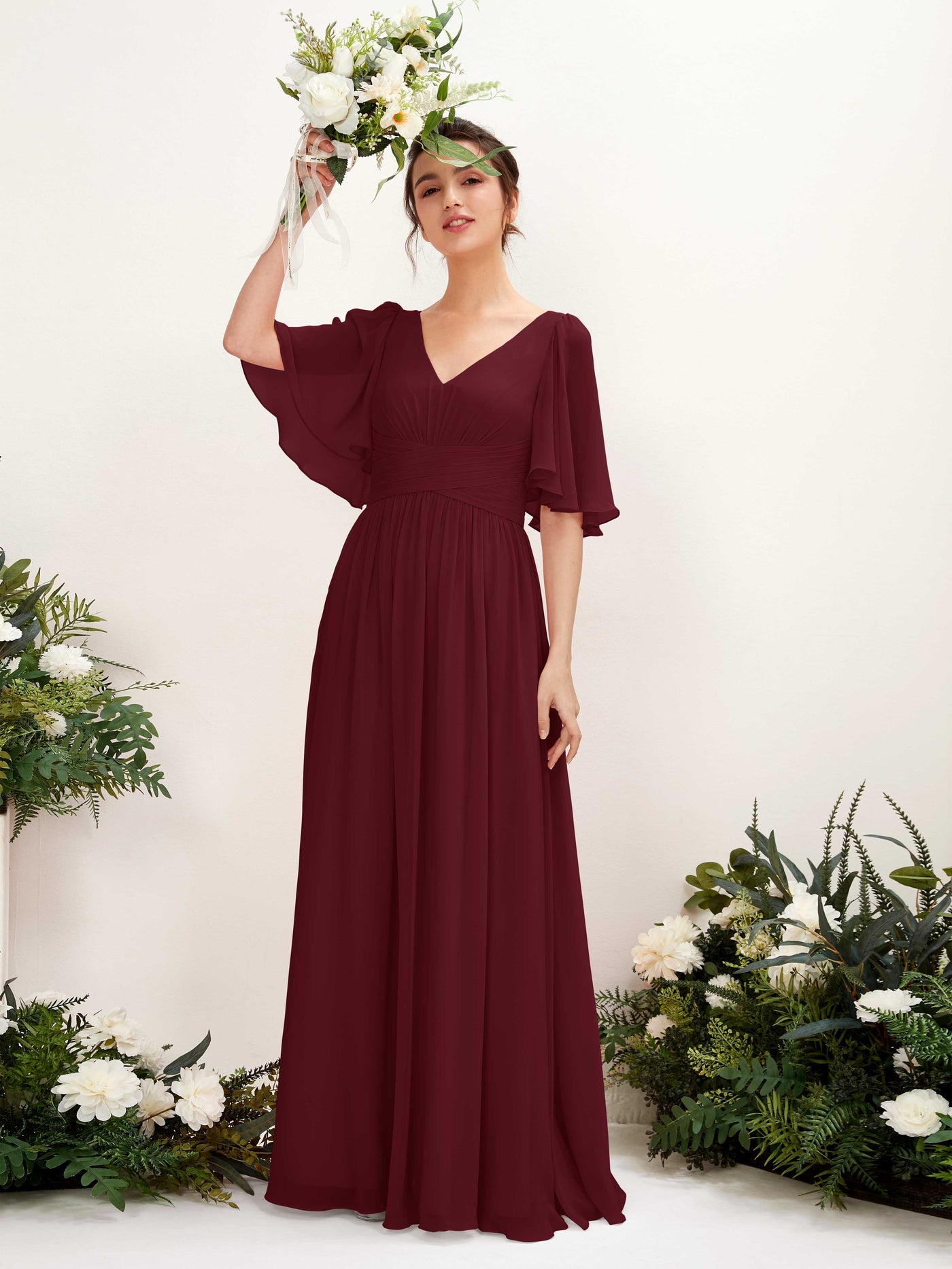 A-line V-neck 1/2 Sleeves Chiffon Bridesmaid Dress - Burgundy (81221612)#color_burgundy