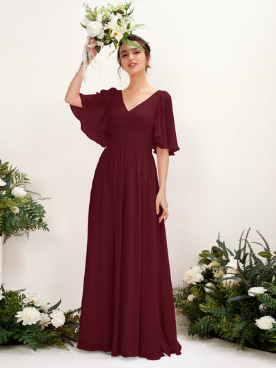 Carlyna Odette A-Line Burgundy Bridesmaid Dress Maxi Short Sleeve V-Neck Dress #color_burgundy