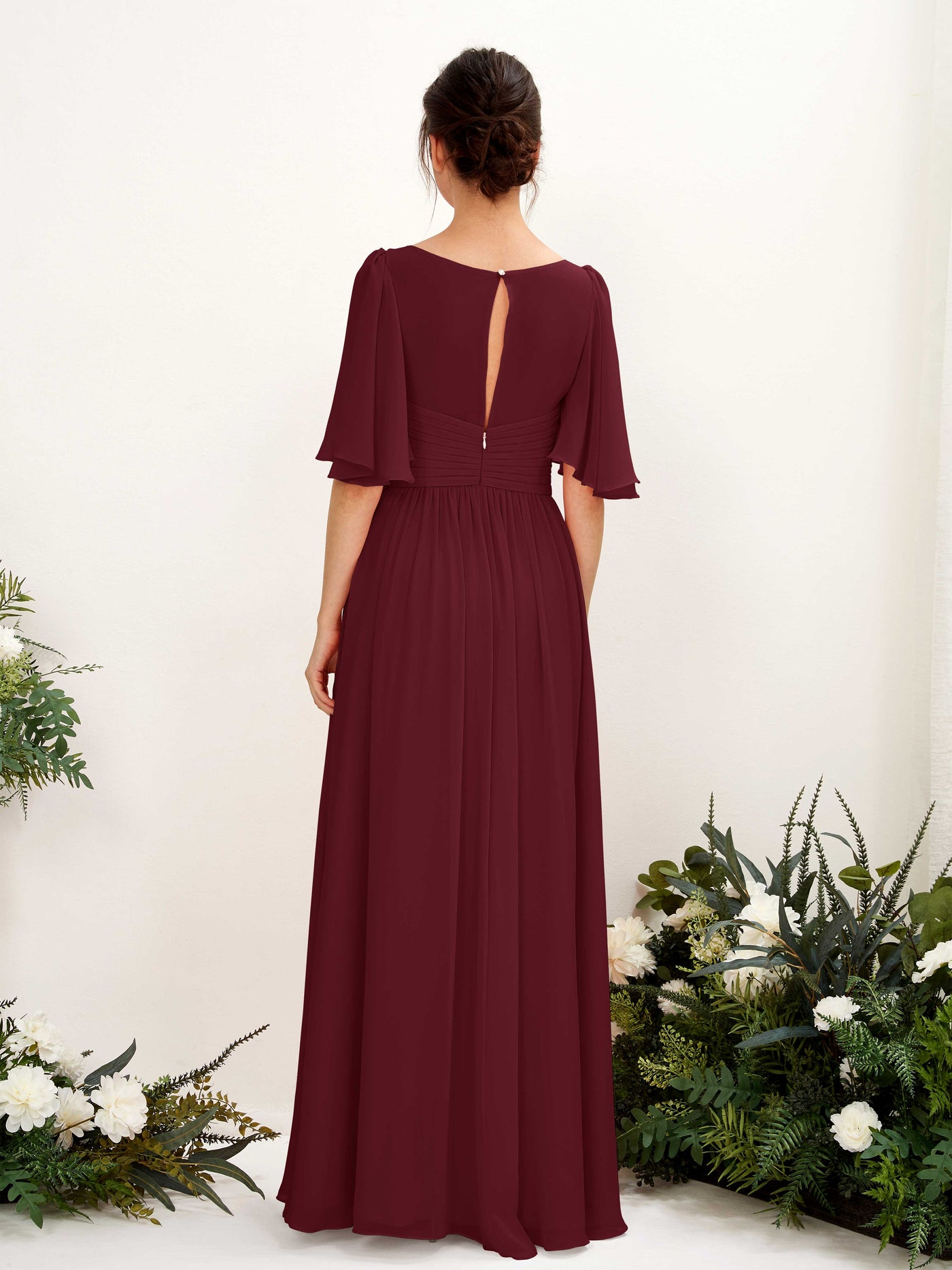 A-line V-neck 1/2 Sleeves Chiffon Bridesmaid Dress - Burgundy (81221612)#color_burgundy