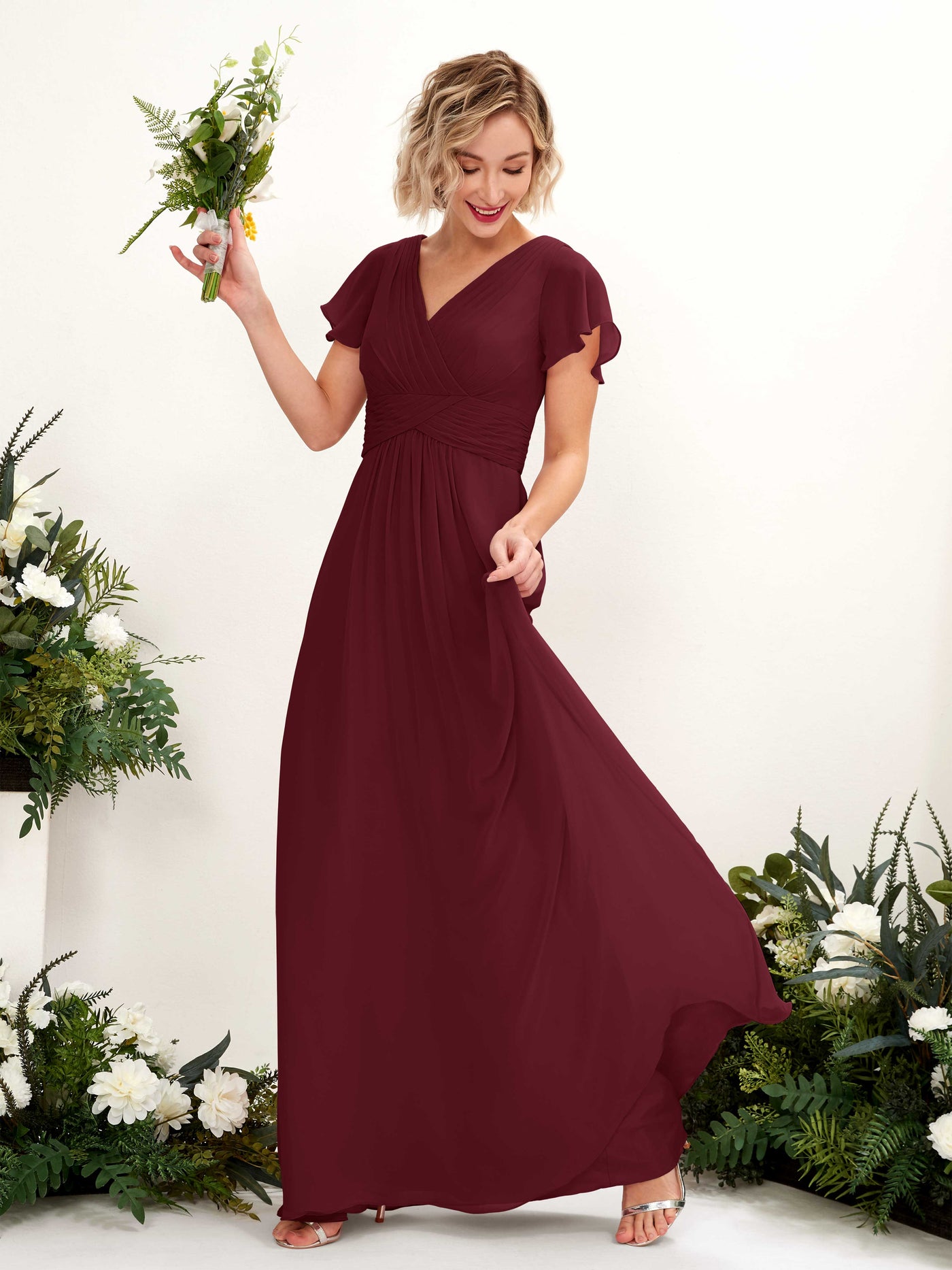 A-line V-neck Cap Sleeves Chiffon Bridesmaid Dress - Burgundy (81224312)#color_burgundy