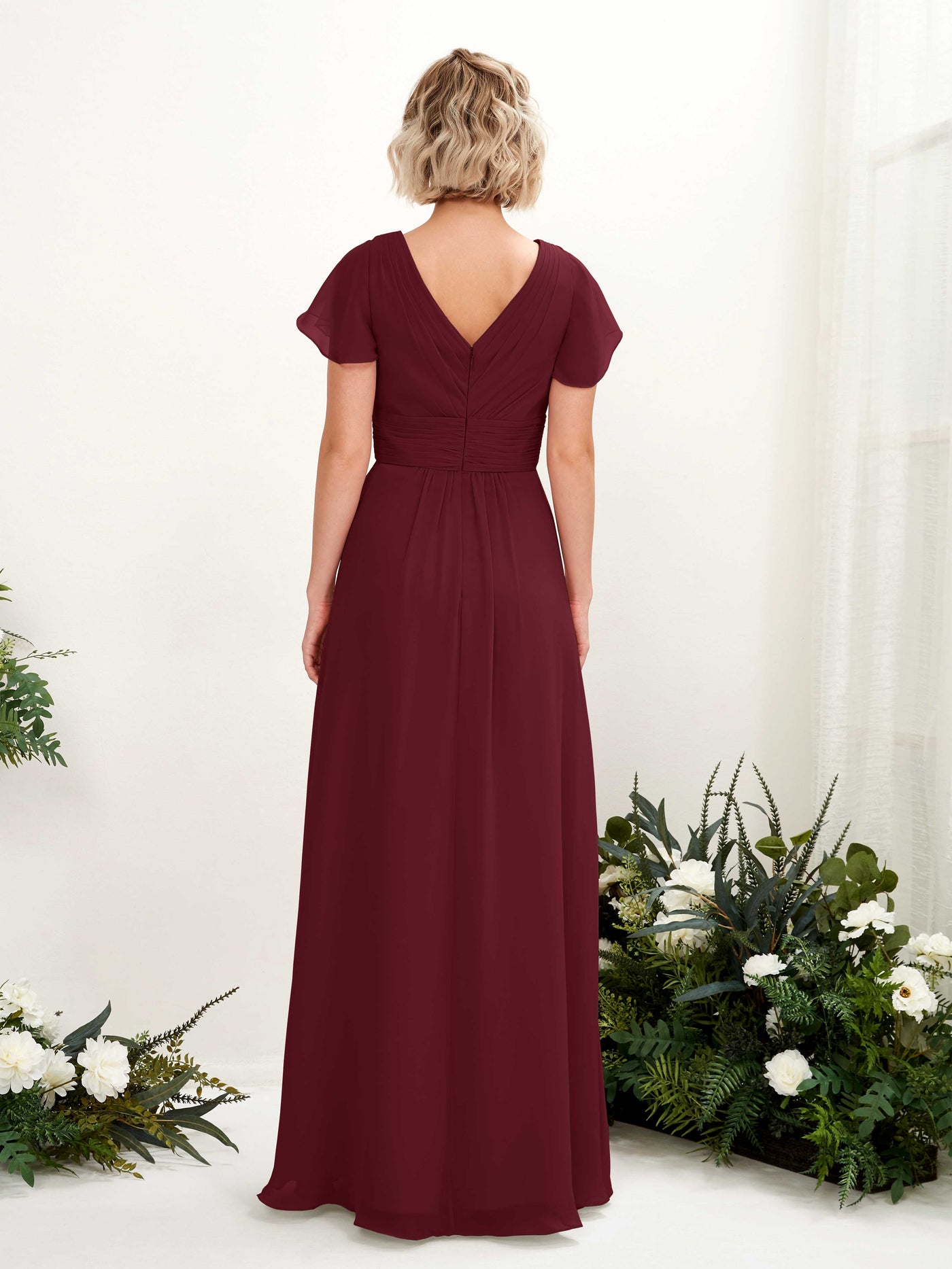 A-line V-neck Cap Sleeves Chiffon Bridesmaid Dress - Burgundy (81224312)#color_burgundy